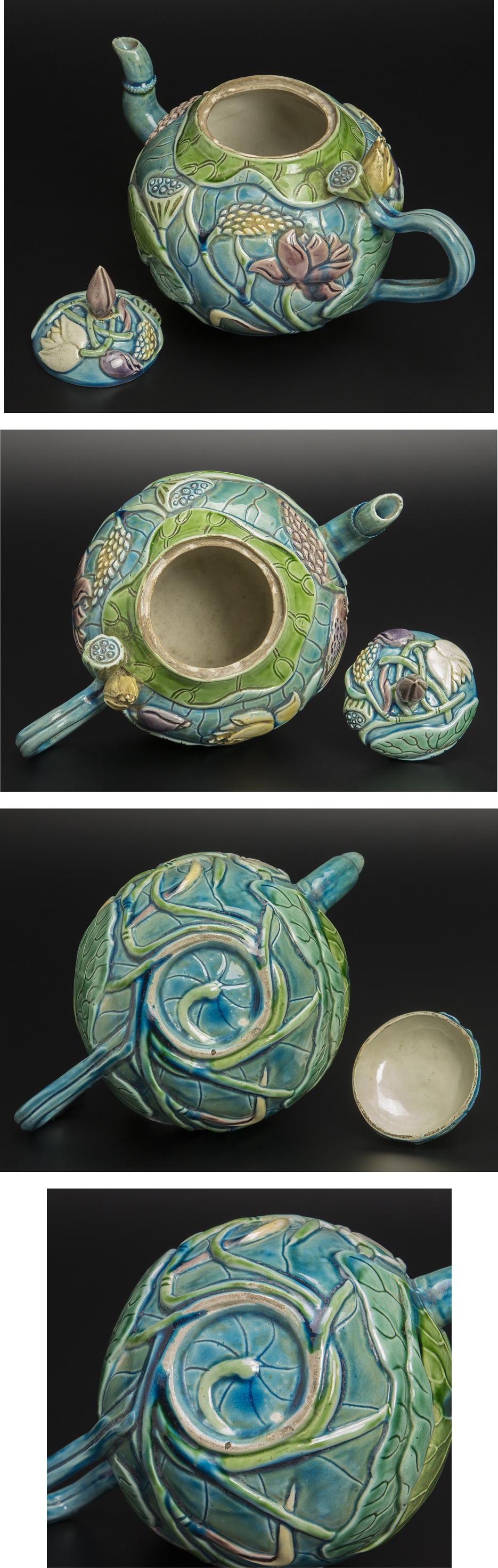 得価最新作清 粉彩堆塑荷花鳥紋茶壺 共箱 中国 古美術 清