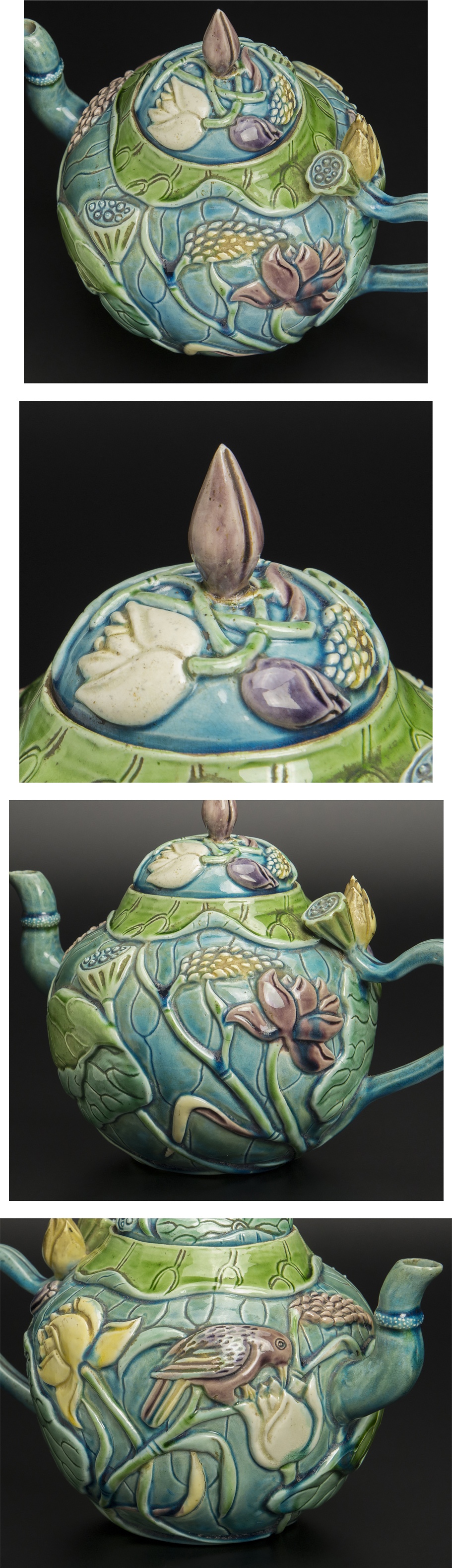 得価最新作清 粉彩堆塑荷花鳥紋茶壺 共箱 中国 古美術 清
