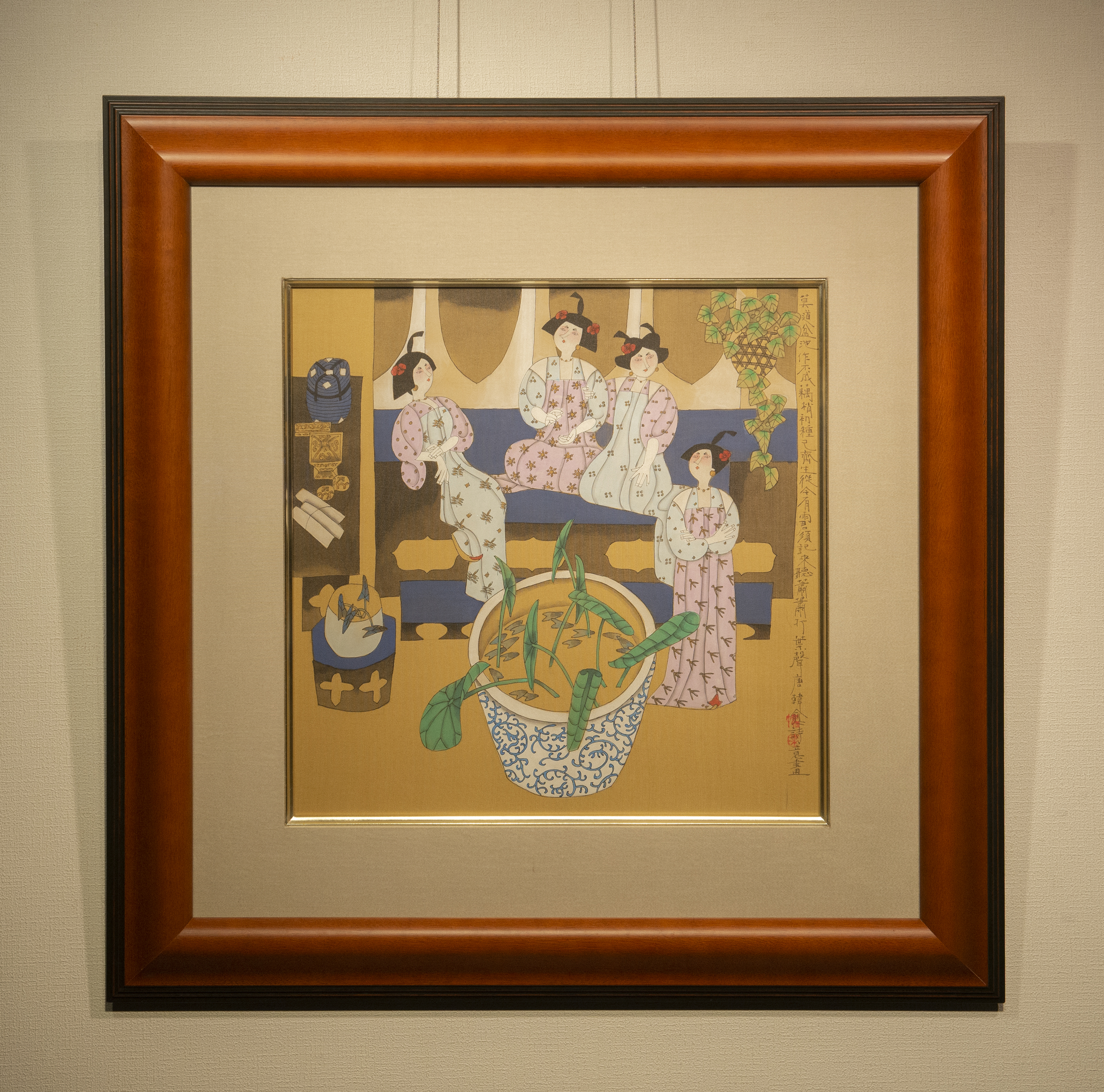 在庫最新作叶毓中 90年代初期 宮廷仕女図 設色絹本 鏡框 額装 真作保証 中国 絵画 現代美術 その他