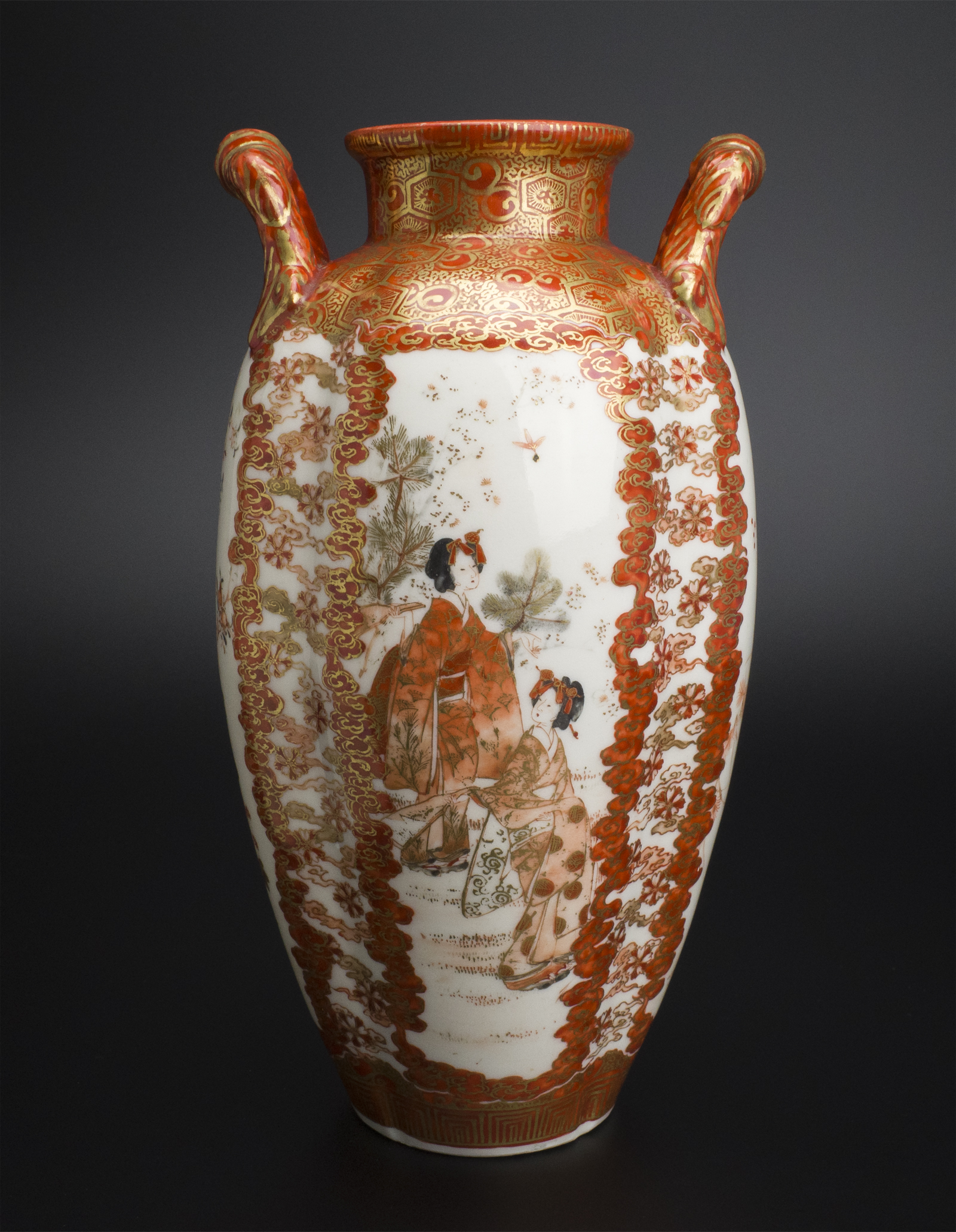 史博物館加賀九谷綿野製 金彩人物紋瓶 明治時代 古美術 花器、壷