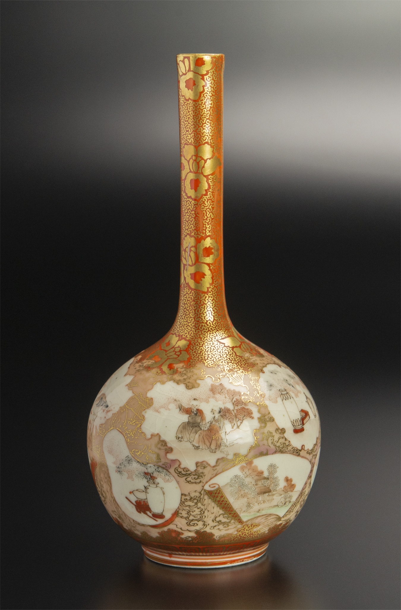 オリジナル 19世紀 九谷綿埜製 金彩長頸瓶 古美術 花器、壷 