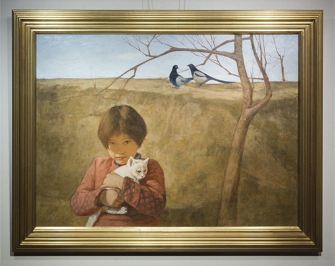 刘仁杰 1991年作 女孩与猫 油画 中国嘉德拍出品作 真作保証 中国 近